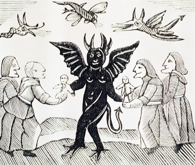 将孩子们呈现给魔鬼，来自兀兰的女巫的插图副本用于esoterica的书籍集合中 作者 英语学校