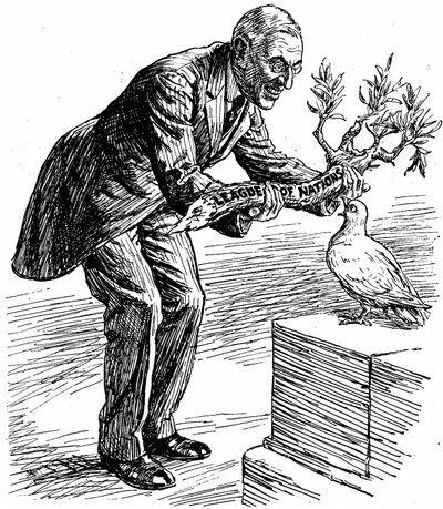 威尔逊总统将标有 "国际联盟 "的橄榄枝交给和平鸽，摘自 1919 年 3 月 26 日伦敦《庞克》（印刷品）。 作者 英语学校