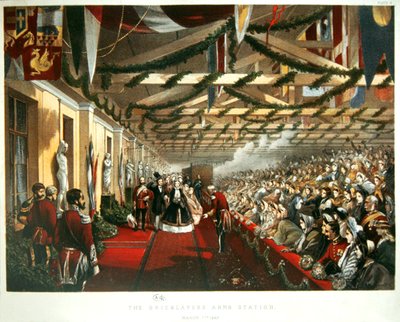1863年3月7日，丹麦的亚历山德拉公主与她未来的丈夫威尔士亲王一起抵达伦敦的砖家兵站。1863年（彩色平版印刷）。 作者 英语学校