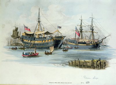英国拿破仑战争期间用于容纳法国囚犯的监狱船，1805年（彩色雕刻） 作者 英语学校