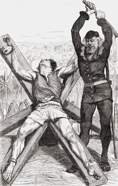 囚犯在圣安德鲁斯十字架上遭受酷刑，1865年（木版画） 作者 英语学校