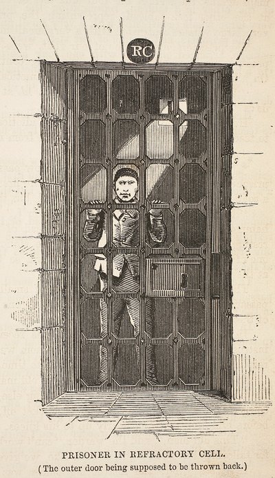 顽固细胞中的囚犯（外门应该被抛回），来自伦敦刑事监狱和监狱生活场景的插图由Henry Mayhew和John Binny，酒吧。 1862年（e 作者 英语学校
