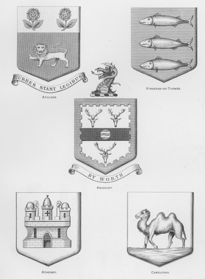 公共武器。Athlone; Kingston-Thames; Keighley; Athenry; Camelford（雕刻）。 作者 英语学校