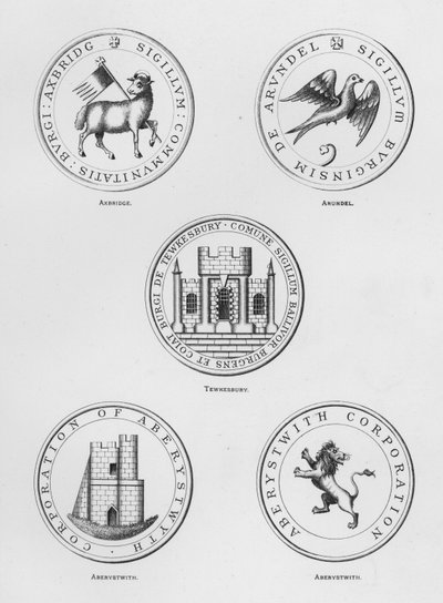 公共武器：Axbridge； 阿伦德尔； 图克斯伯里； Aberystwith (雕刻) 作者 英语学校