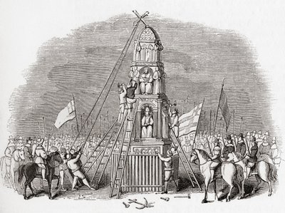 清教徒于 1643 年摧毁了英国伦敦的 Cheapside Cross（又名埃莉诺十字架），摘自《古老的英格兰》：图片博物馆》，1847 年出版。1847 作者 英语学校