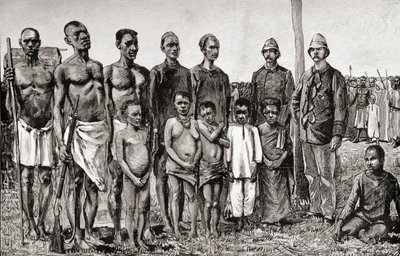 与1890年英国军官，苏丹人和桑给巴尔人相比，侏儒本地人（木版画） 作者 英语学校