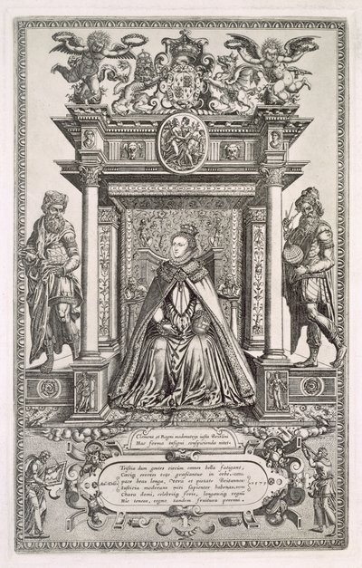 女王伊丽莎白一世（1533-1603）担任地理和天文学赞助人，1579年英国撒克逊地图书的正面 作者 英语学校