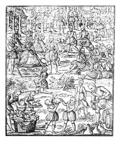 英国女王伊丽莎白一世（1533-1603）参加亨特野餐会，1575年由乔治·特伯维尔拍摄的“高贵的Venerie and Hunting艺术” 作者 英语学校