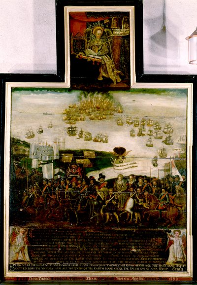伊丽莎白女王一世抵达蒂尔伯里和 1588 年英国击败西班牙无敌舰队（面板上的油） 作者 English School