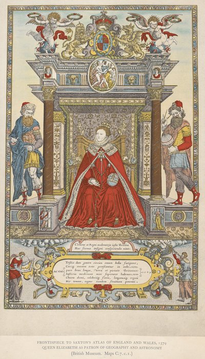 作为地理学和天文学赞助人的伊丽莎白女王。1579 年萨克斯顿的《英格兰威尔士地图集》（彩色石版印刷）的封面插图 作者 英语学校