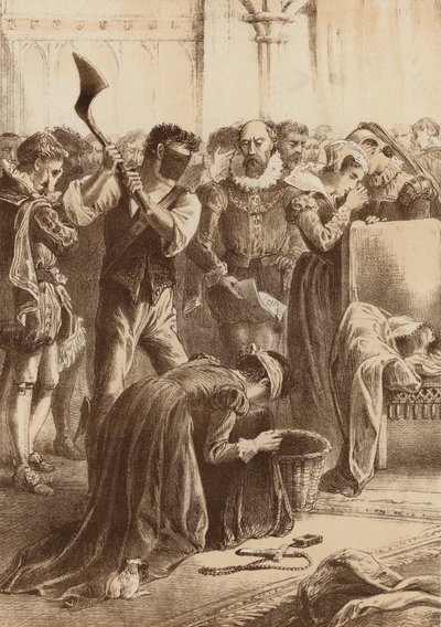 玛丽女王，"在福瑟林盖被斩首"（石版画） 作者 英语学校