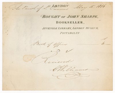 来自John Sharpe，Bookseller，少年图书馆，伦敦博物馆，皮卡迪利，伦敦的收据 作者 英语学校