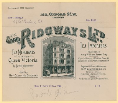 来自Ridgways，茶叶进口商，伦敦牛津街182号的收据 作者 英语学校