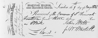 收到Jonathan Miles爵士在1832年Hoxton House收到的付款（印刷纸上的墨水） 作者 英语学校