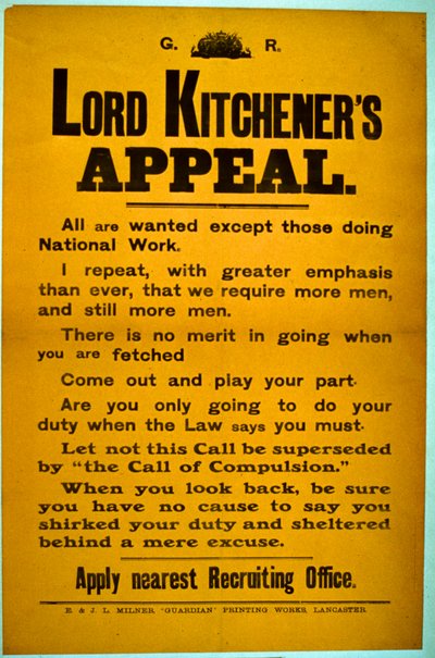 招募海报 -  Lord Kitcheners Appeal，1914-18 作者 English School