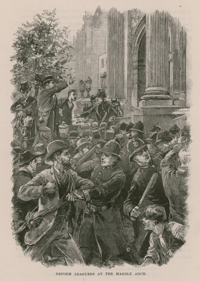 改革联盟游行者在伦敦大理石拱门（雕刻） 作者 英语学校