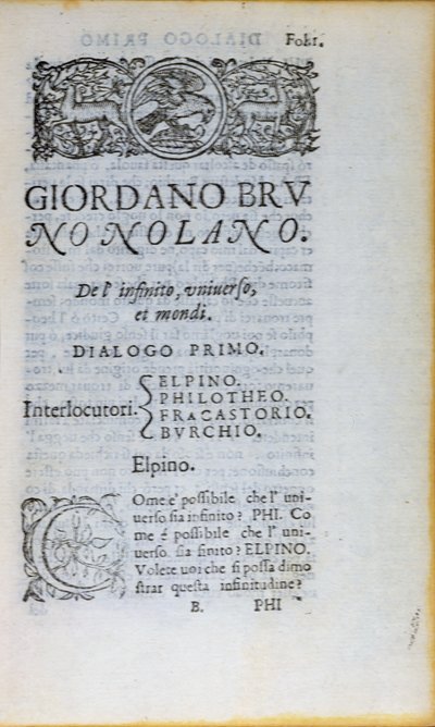 Res 28610 De lInfinito Universo et Mondi by Giordano Bruno的第一页，于1584年在伦敦出版（印刷纸） 作者 英语学校