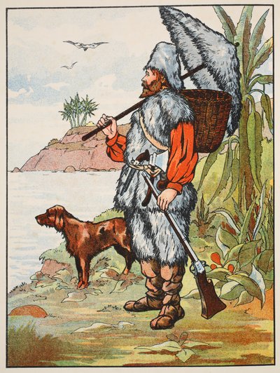 Robinson Crusoe，来自“鲁宾逊漂流记的故事”中的插图：一个改编自德波斯语言后的儿童，酒吧。由格里菲斯法兰布朗有限公司，伦敦 作者 英语学校