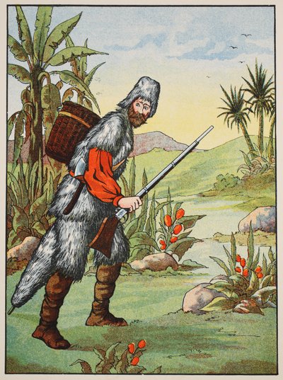Robinson Crusoe，来自“鲁宾逊漂流记的故事”中的插图：一个改编自德波斯语言后的儿童，酒吧。由格里菲斯法兰布朗有限公司，伦敦 作者 英语学校