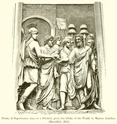 超人大小的罗马，作为一个神性给了Marcus Aurelius世界的地球。 （Bas-Relief;同上） 作者 英语学校