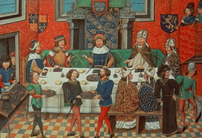 Roy 14 E IV f.244v 兰开斯特公爵与葡萄牙国王共进晚餐，选自 Jean de Batard Wavrin 撰写的《从理查德二世加冕到 1387 年》第三卷 作者 英语学校