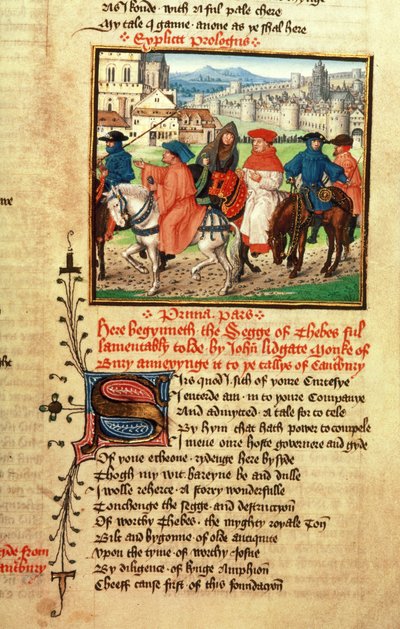 Roy 18 D 11 f.148 Lydgate and the Canterbury Pilgrims leaving Canterbury from `Troy Book and Siege of Thebes