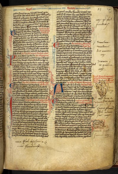 皇家 14 C.VII ff.86v 饰有狮心王理查德盾徽的边饰，插图选自 "马修-帕里斯，《盎格鲁史》，主要编年史，第三部分 作者 英语学校