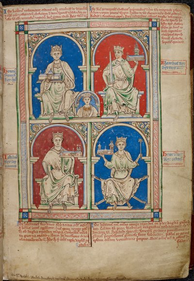 皇家 14 C. VII, f.9 英格兰的四位国王：亨利二世、理查德一世、约翰和亨利三世与威斯敏斯特教堂，选自《盎格鲁史 作者 英语学校