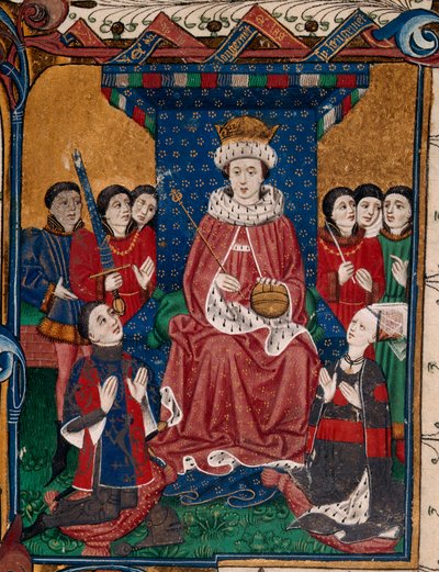 皇家 18 D. II fol.6，国王爱德华四世被群臣簇拥着，威廉-赫伯特爵士和他的妻子安妮-德弗罗身穿饰有盾牌的衣服，跪在他面前（第 1 册）。 作者 英语学校
