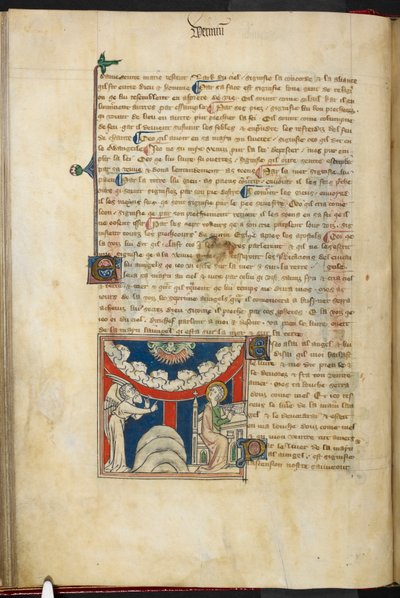 皇家 19 B.XV，f.17v 狮口和倒弧形云彩上代表七雷的六个头：下方左侧为天使，右侧为即将在书中写作的约翰，选自《玛丽王后启示录》，英国学院派（14 世纪） 作者 英语学校