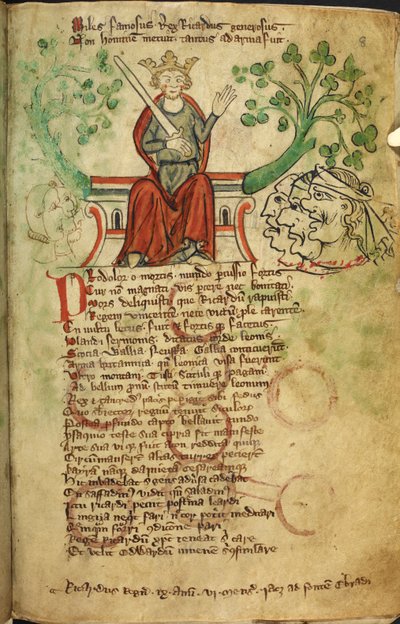 Royal 20 A. II f.8 理查一世国王手持剑，坐在王座上，插图来自《英格兰编年史》，Peter de Langtoft 作（牛皮纸） 作者 英语学校