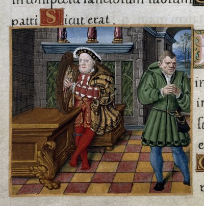 皇家 2 A.XVI，f.63v 亨利八世与竖琴和他的小丑威廉-萨默斯，诗篇 52，选自 "亨利八世诗篇 作者 英语学校