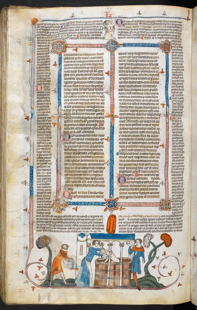 皇家 MS 10 IV f.297v 《给鼠疫患者洗澡》和边饰，《史密斯菲尔德敕语》插图（牛皮纸） 作者 英语学校