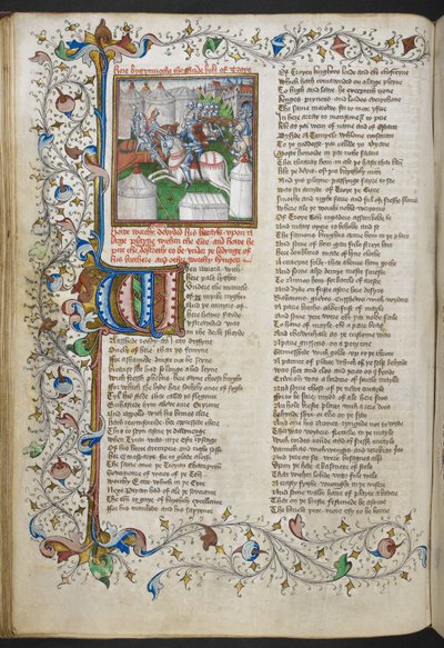 皇家 MS 18 D II，f.66v，赫克托杀死帕特罗克洛斯的缩影，带有发光的首字母“W”（母鸡）和部分叶状边框，来自约翰·利德盖特的特洛伊书，c.1457-60（牛皮纸） 作者 英语学校