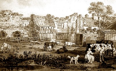 废墟中的庄园和挤奶的奶牛，约1800年（纸上钢笔和棕褐色墨水）。 作者 英语学校