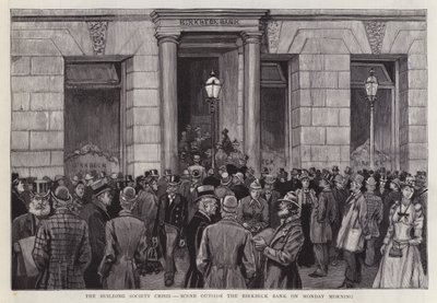 1892 年建筑社会危机期间，伦敦伯贝克银行外的场景（石版画） 作者 英语学校