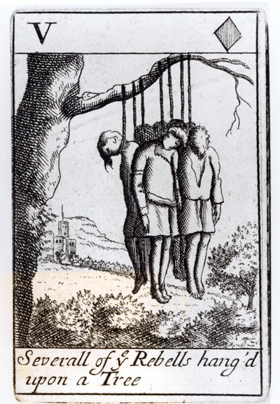 从一棵树上吊下来的几个反叛者，1685年纪念蒙茅斯叛乱的一套心中的五张牌 作者 英语学校