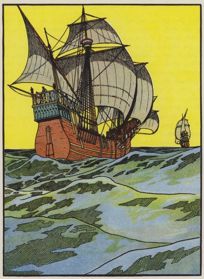 克里斯托弗-哥伦布横渡大西洋的船只（彩色石版画） 作者 英语学校