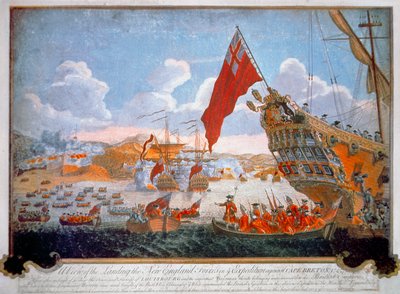 1745年英国船只和新英格兰殖民者对法国要塞路易堡的围攻（彩色平印）。 作者 英语学校