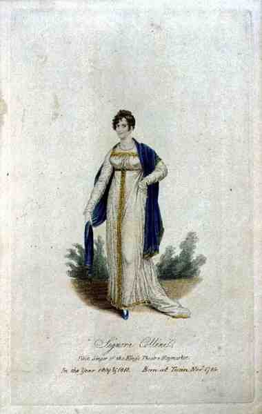 科里尼夫人（生于1784年），1809年和1810年国王剧院的第一歌手（彩色版画）。 作者 英语学校