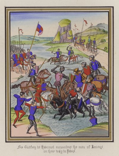 戈弗雷·德·哈考特爵士在前往巴黎的途中遇到亚眠人（彩色版画） 作者 英语学校