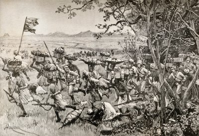 1887 年，亨利-莫顿-斯坦利爵士和他的部下在非洲的埃明-帕夏赈灾远征中终于走出森林，来到草原上。 作者 英语学校