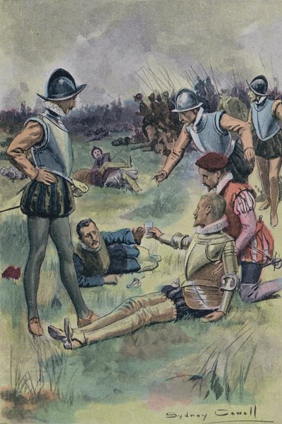 菲利普·西德尼爵士于1586年在荷兰聚特芬战役中向另一名受伤的士兵献水 作者 英语学校