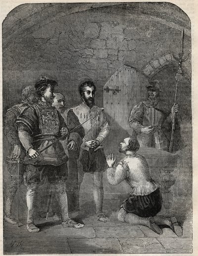 小托马斯-怀亚特爵士（1521-1554）在被处决的路上，庄严地宣布伊丽莎白公主和考特内免于参与他的叛乱--1554年--雕刻自卡塞尔-佩特和加尔平的《英格兰历史》。 作者 英语学校