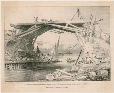 老伦敦桥剪影在它的爆破期间在1831年，1832年 作者 英语学校