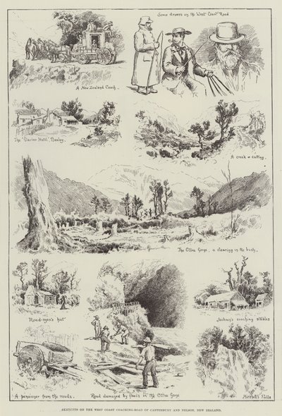 新西兰坎特伯雷和纳尔逊西海岸教练路上的草图（雕刻） 作者 英语学校