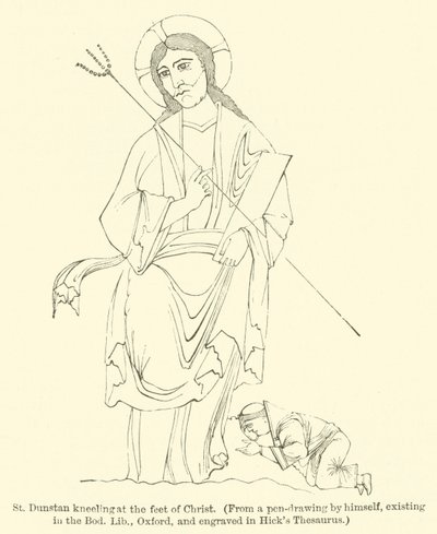 跪在基督脚下的圣邓斯坦，来自他自己的钢笔画，现存于牛津大学图书馆，并被刻在《希克辞典》中（雕刻）。 作者 英语学校