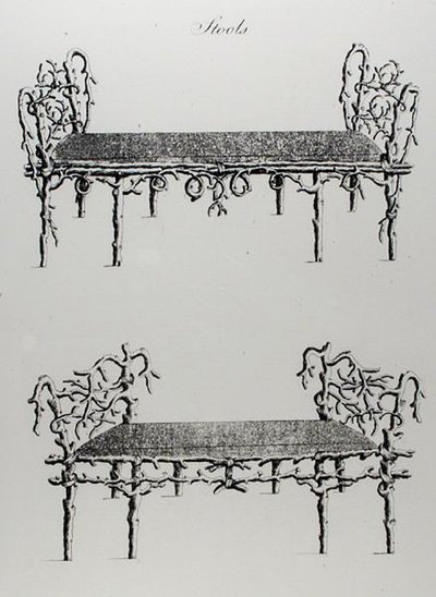 凳子，出自《怪诞建筑，或乡村娱乐》，作者威廉-赖特，1768年出版（雕刻）（黑白照片）。 作者 英语学校