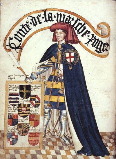 斯托 594 fol.15v 罗杰-莫蒂默（Roger Mortimer，1328-1360 年），身着吊袜带长袍的第二代马奇伯爵，选自约 1440-50 年的 "威廉-布鲁日的吊袜带书"（牛皮纸）。 作者 英语学校