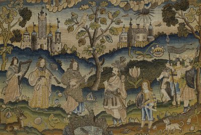 与花园里的五位音乐家的场景的树桩，17世纪中叶（面料） 作者 英语学校